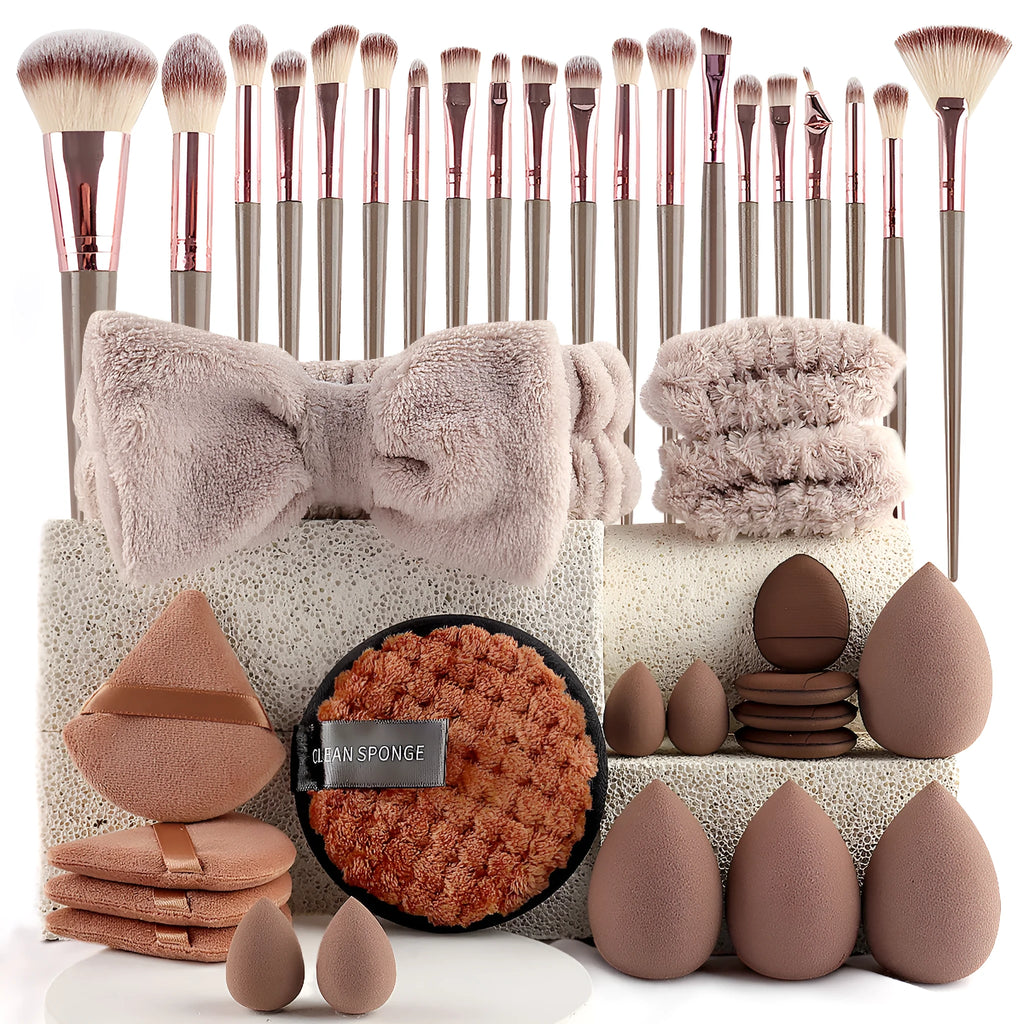 Beauty tools combination suit with hydrophilic non-latex sponge applicators in brown, pink and purple colours