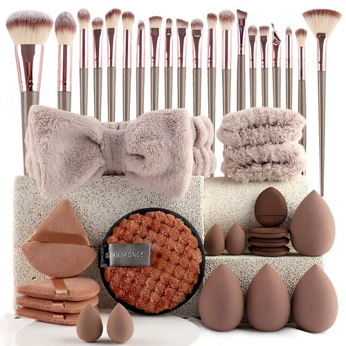 Beauty tools combination suit with hydrophilic non-latex sponge applicators in brown, pink and purple colours
