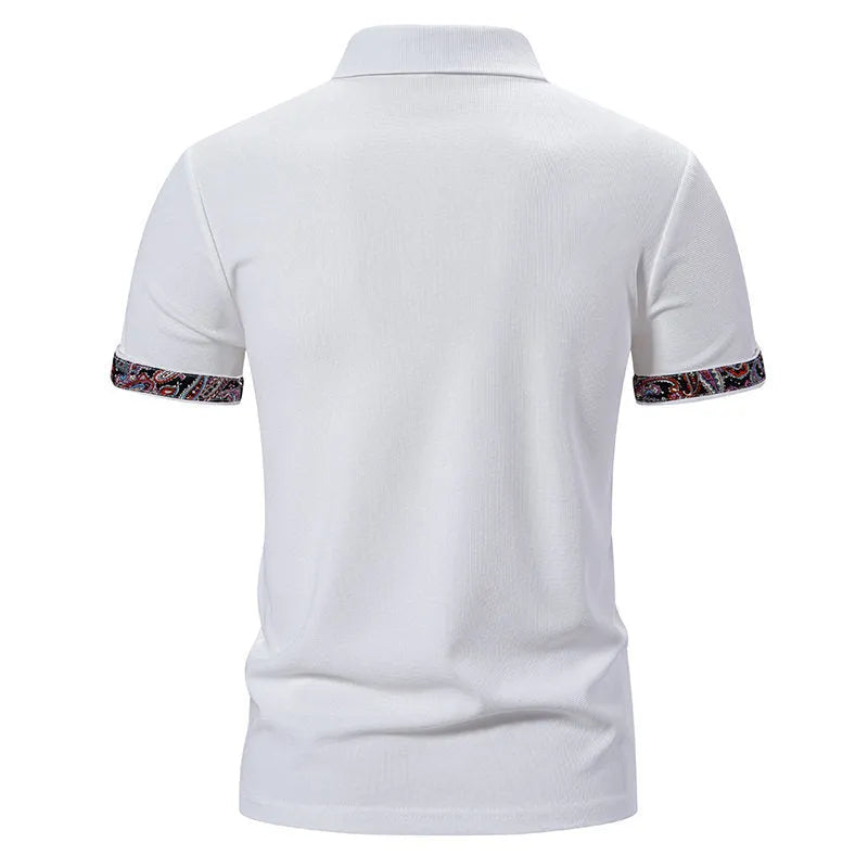 Men's short sleeve polo shirt in cotton blend fabric, showing turnover neck with colour stitching detail.