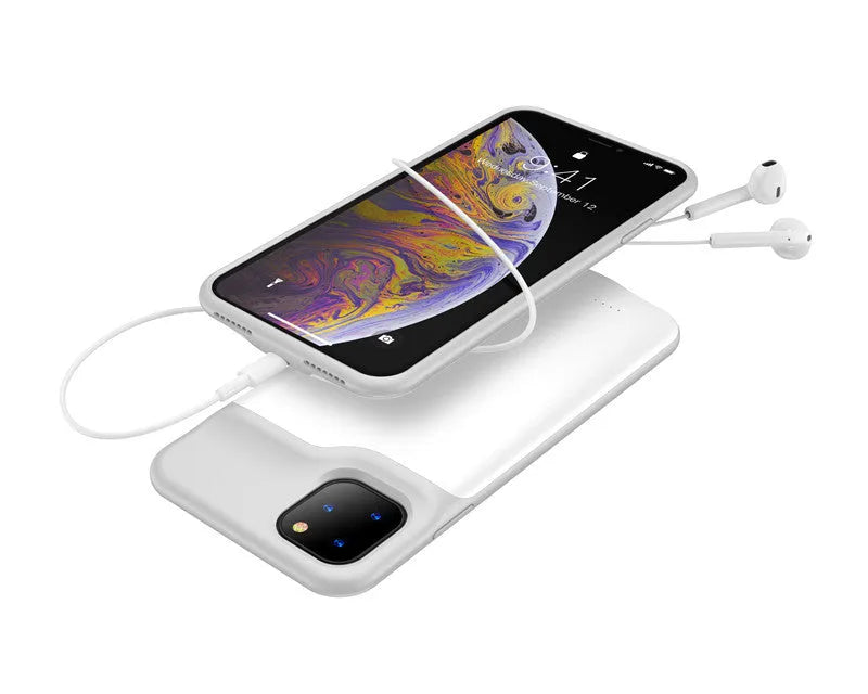 Shockproof silicone iPhone battery charger case in black, blue, pink, or white colours showing extended battery capacity.