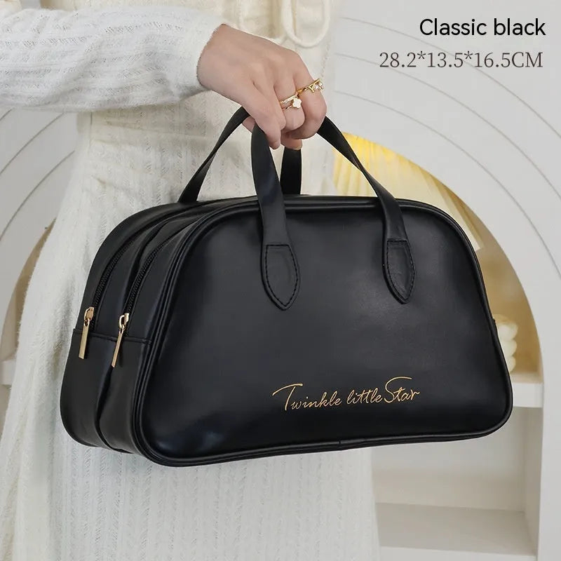 Leather travel toiletry bag in caramel mocha colour with large capacity and dry-wet separation compartments.