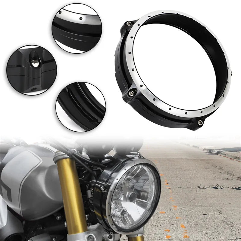 Black CNC aluminium headlight cover frame for BMW R NineT Scrambler motorcycle