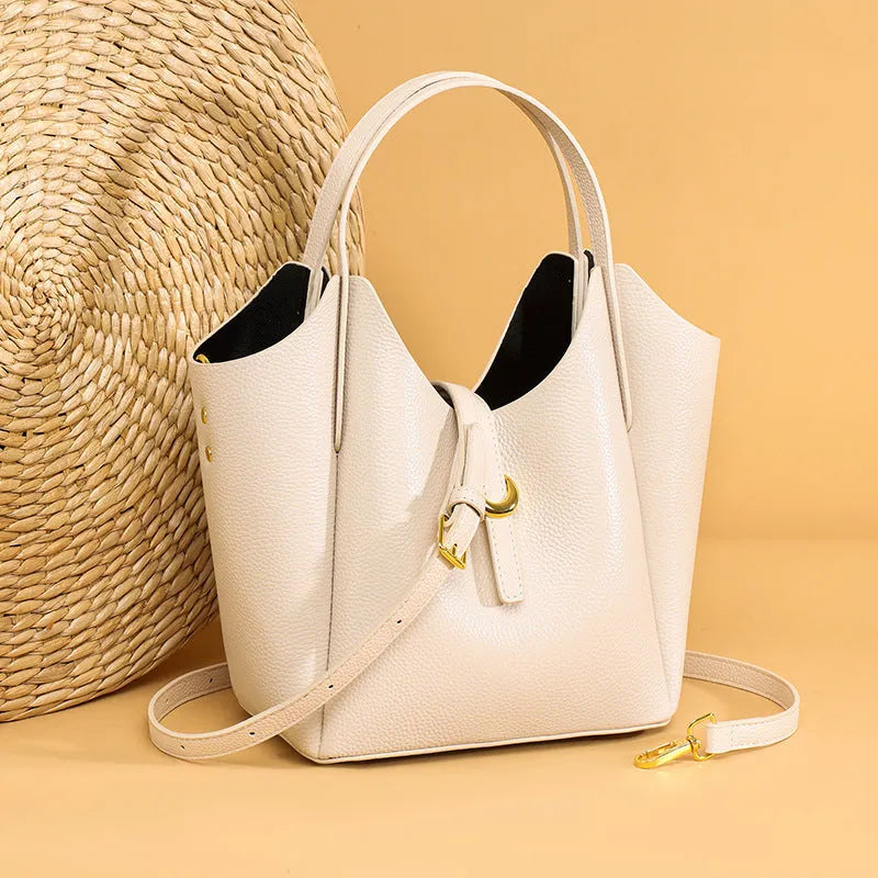 Genuine leather women's bucket bag in European retro style with hand holding strap
