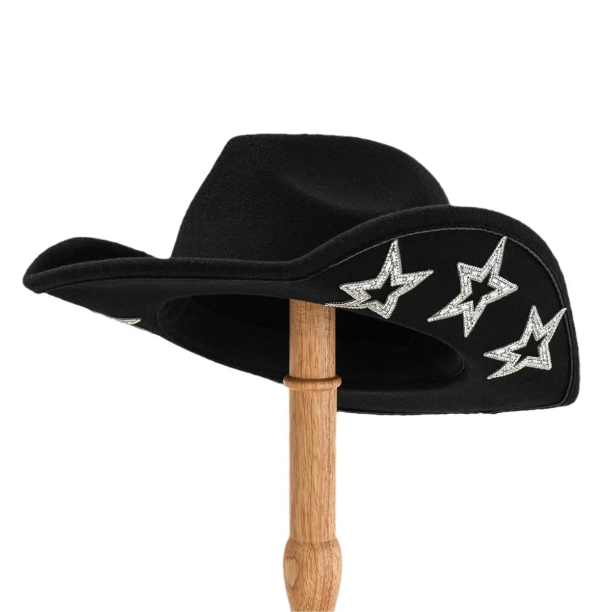 Polyester western top hat with hexagonal star design on conical crown in size M