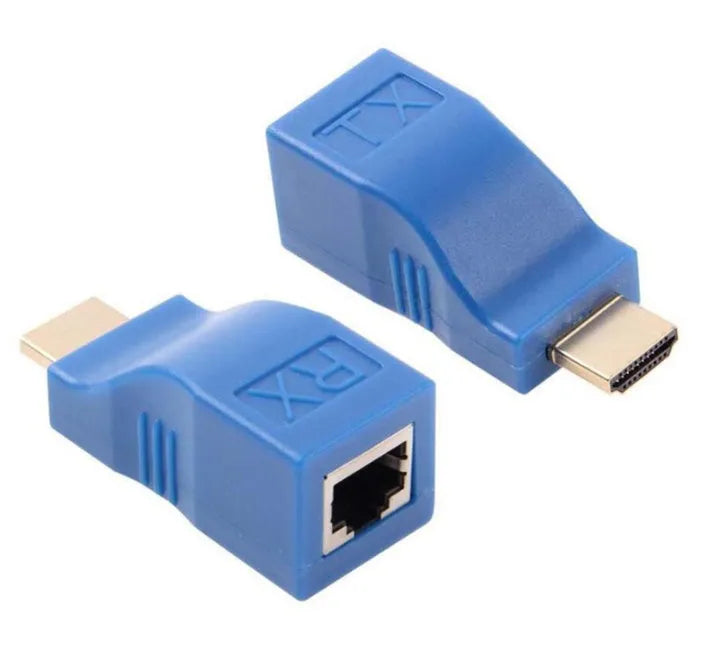 HDMI extender transmitter and receiver units with Cat-5e cable for 1080p signal extension up to 30 metres