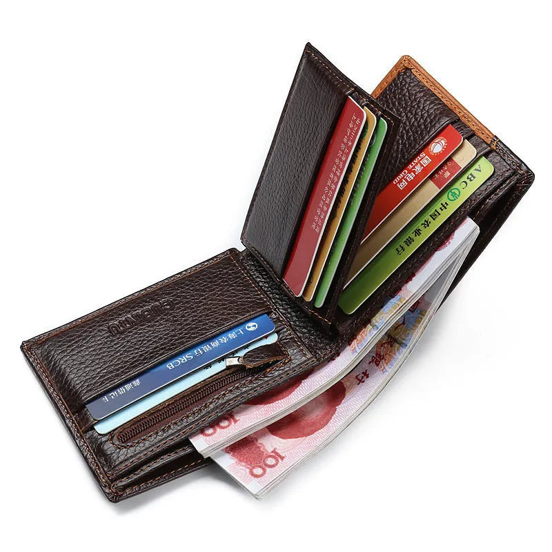 Men's soft cowhide leather trifold wallet open showing card slots, bill section, and zip compartment.