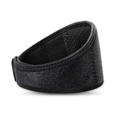 Black adjustable self-heating neck guard with magnetic therapy for pain relief.