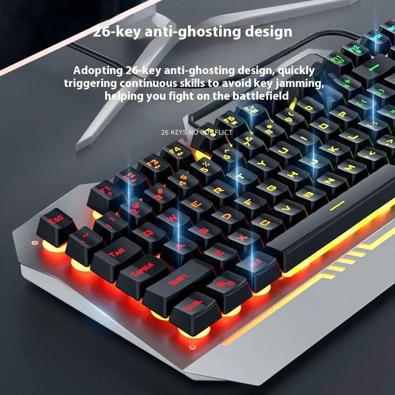 Black and white wired mechanical feeling keyboard, mouse, and headset bundle on a desk.