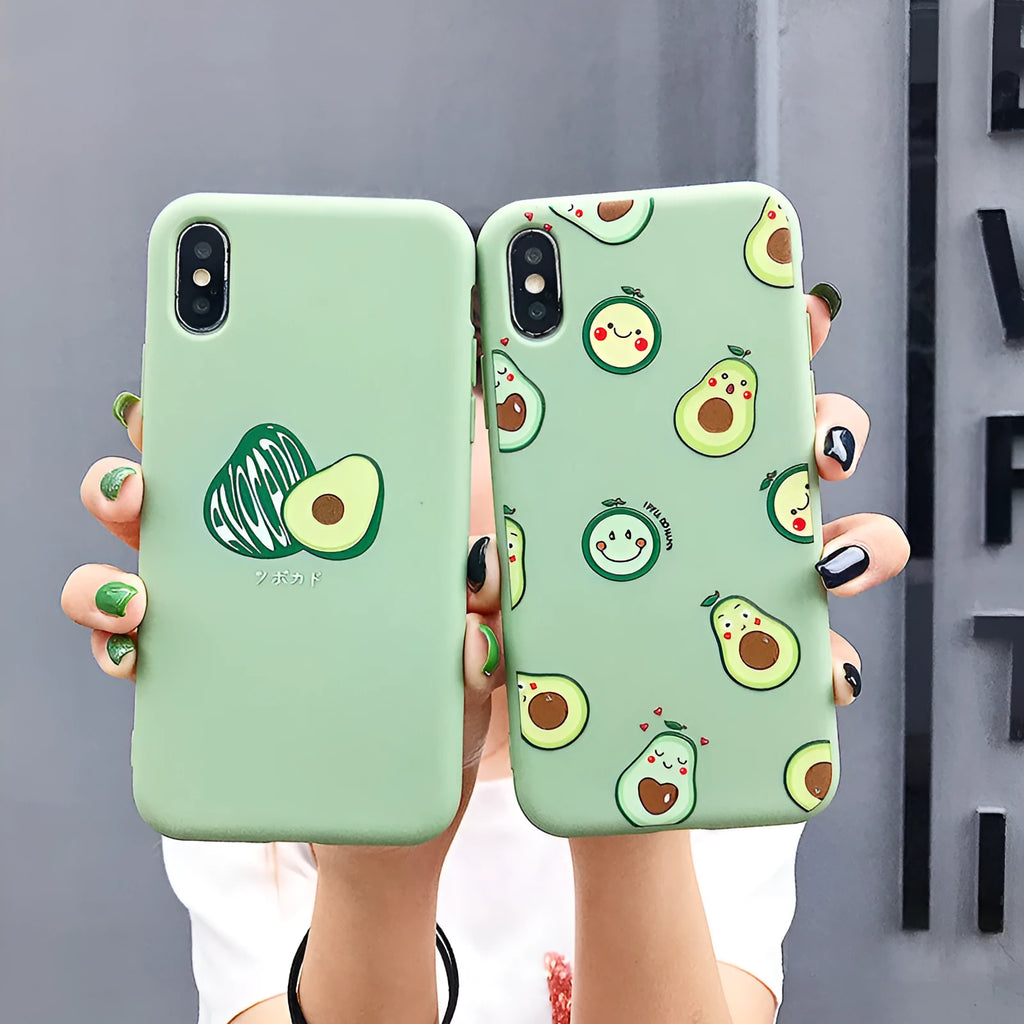 Avocado cartoon design on a green TPU phone case for iPhone, showing back cover style.
