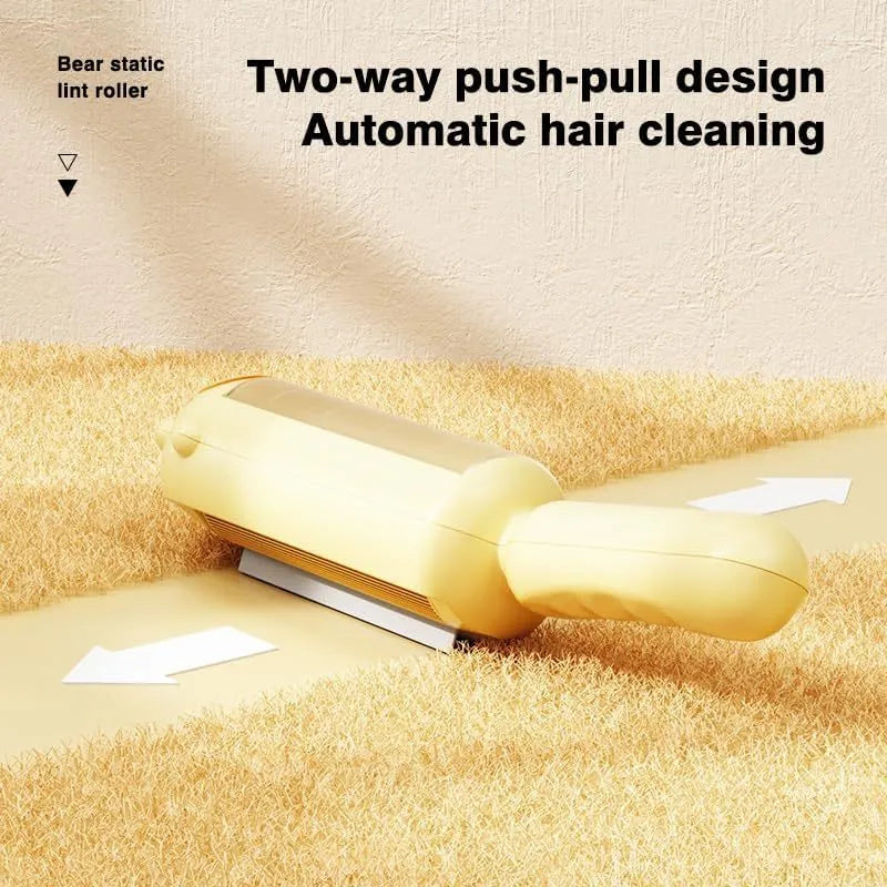 Self-cleaning pet hair removal roller tool for furniture and car seats in blue, pink, or yellow colours