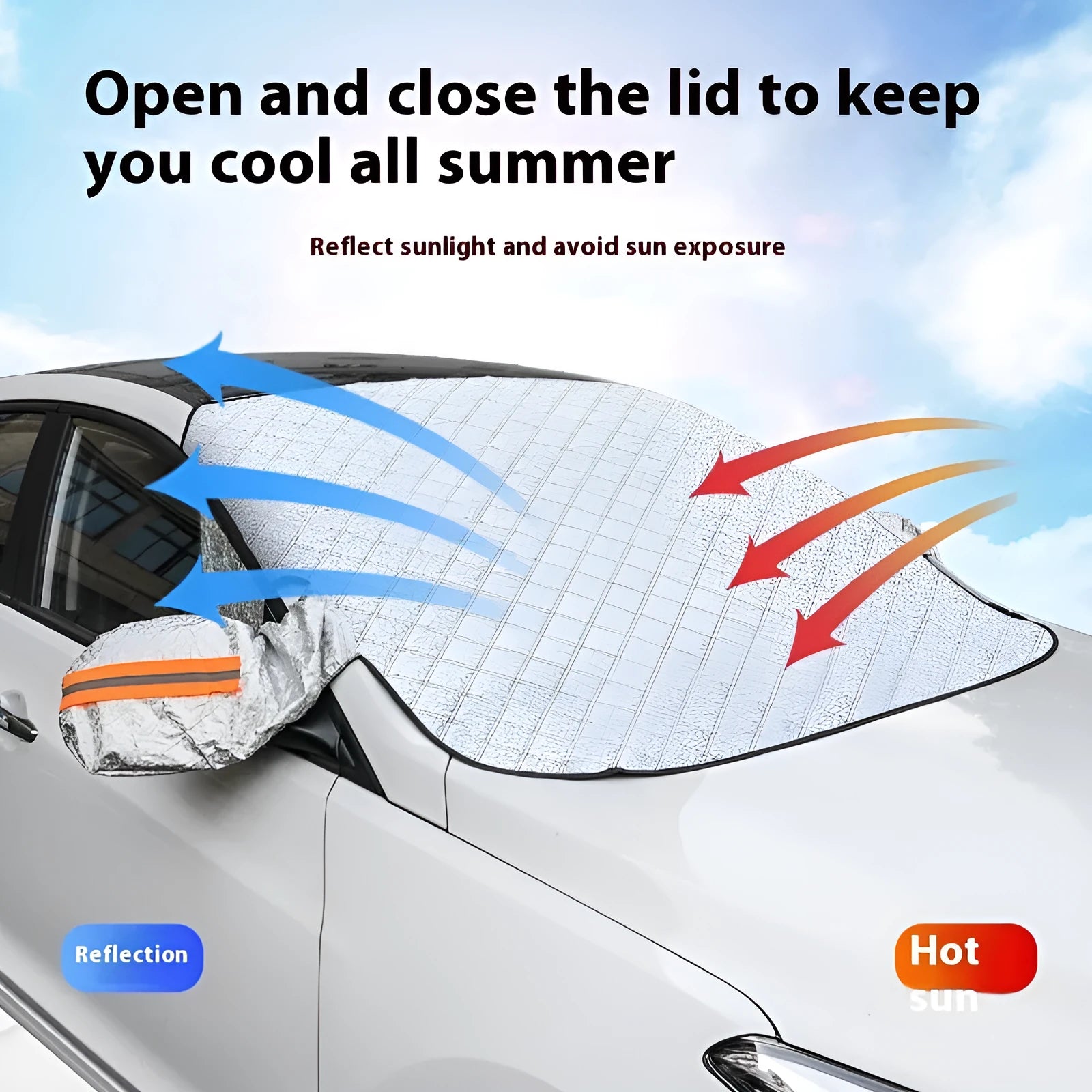 Aluminium foil winter car cover with magnets and reflective strips for SUV front windshield protection