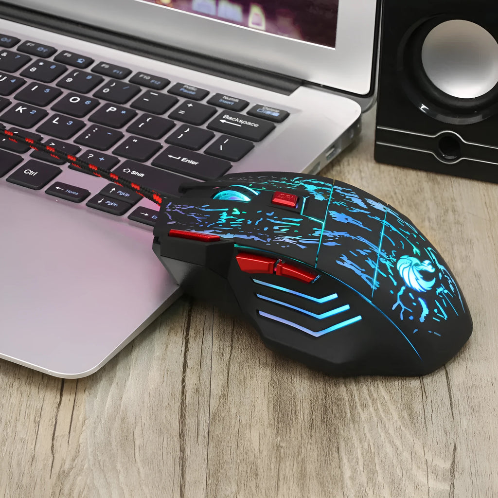Colourful luminous gaming mouse with ergonomic design and USB cable