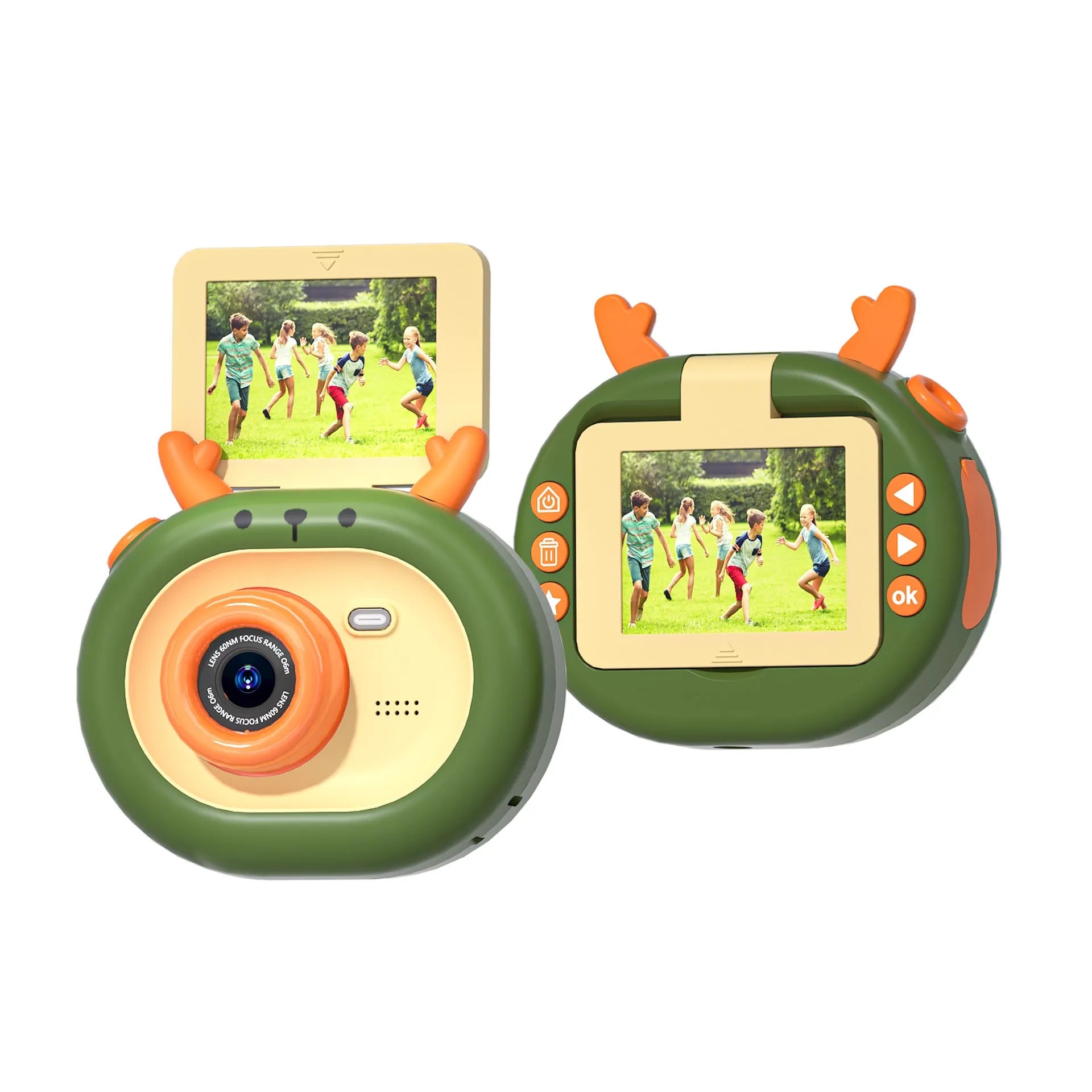 Purple children's digital camera with flip screen, silicone case, and USB cable