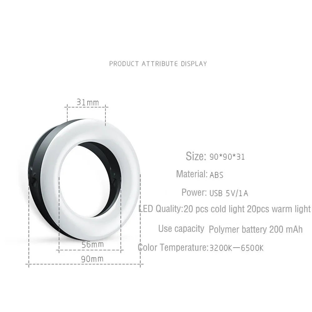 Compact black LED selfie ring light for mobile phone with USB cable for recharging.
