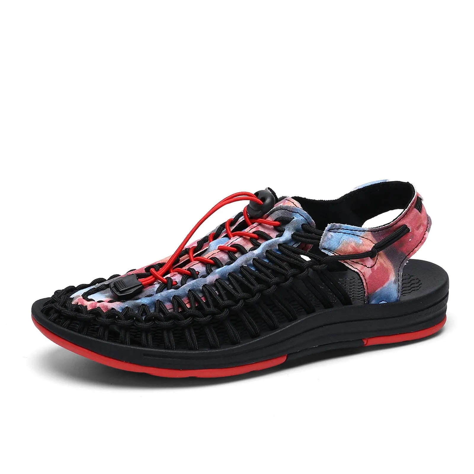 Woven Roman sandals with an elastic drawstring tie in multiple colour options on a rubber sole.