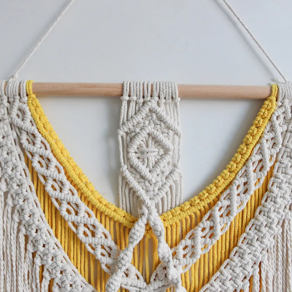 Nordic style creamy-white cotton tapestry with hand-woven yellow accents, rectangular shape 120x95cm