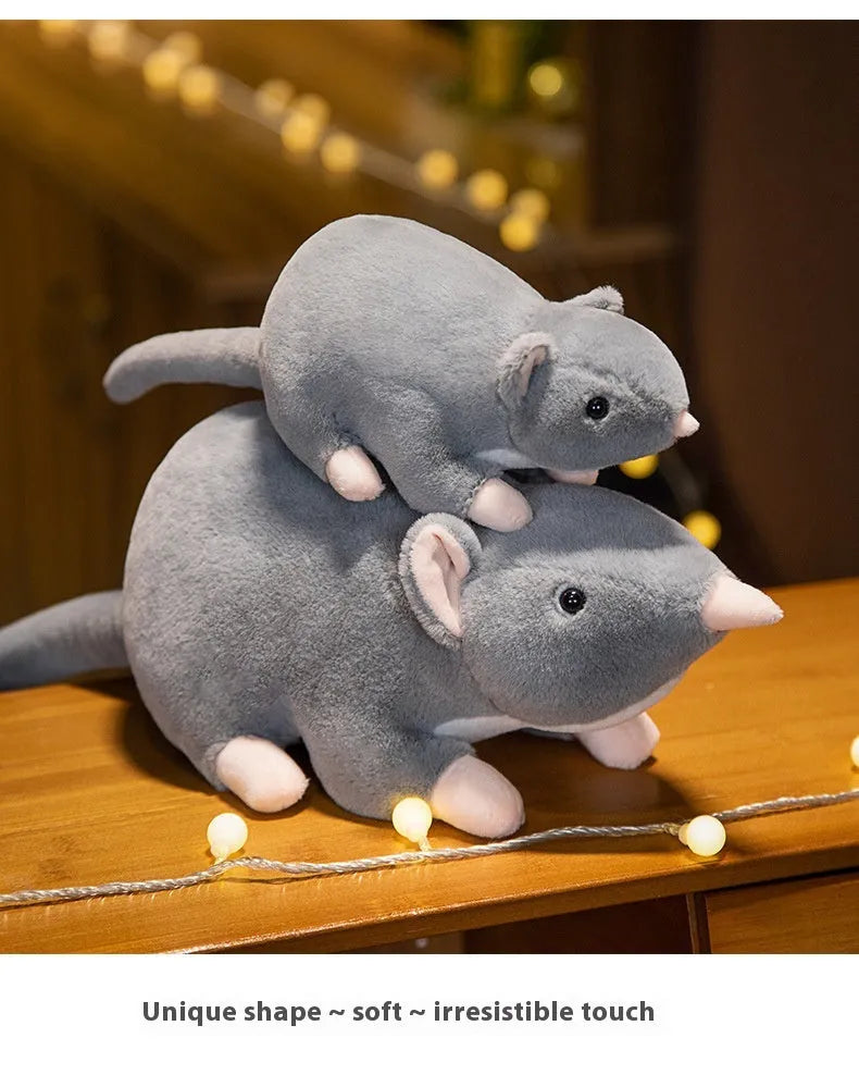 Cartoon-style grey mouse plush toy doll shown in small, medium, and large sizes.