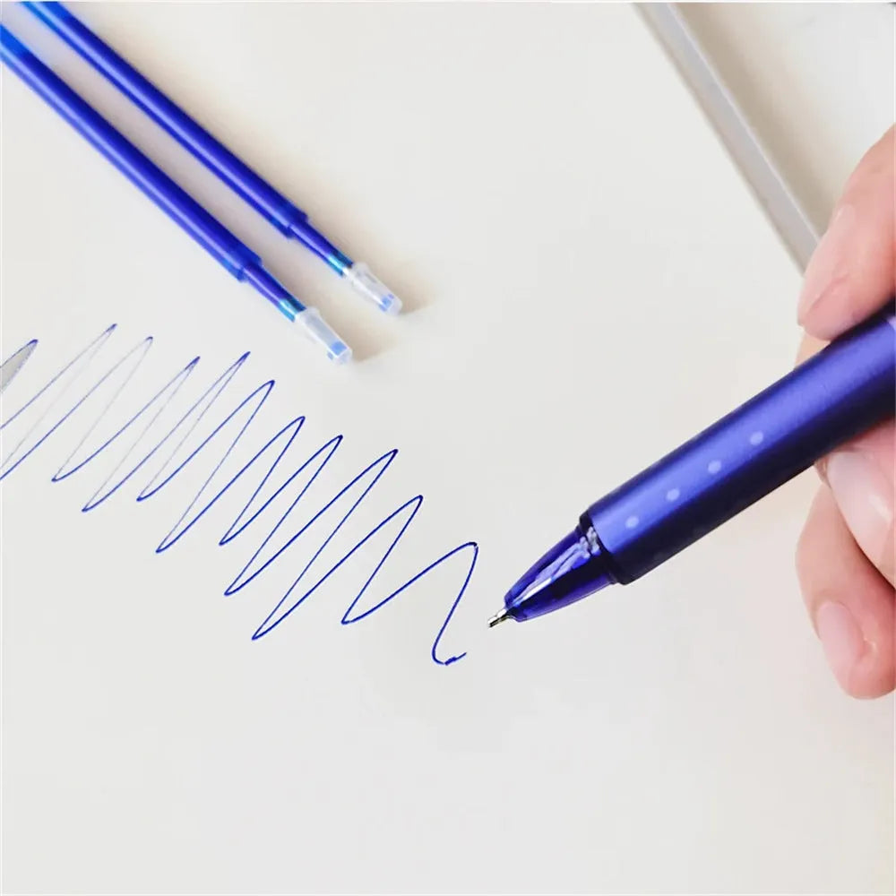 Hot erasable push gel pen with 0.5mm tip, plastic body, and push-button mechanism.