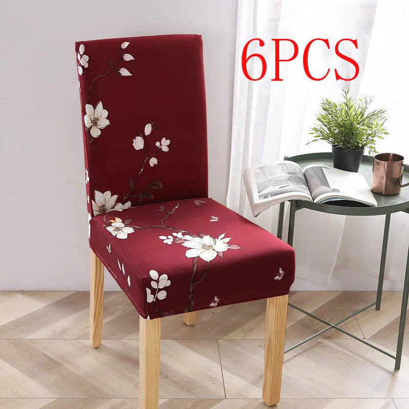 A stretchy spandex chair cover fitted neatly on a four-legged wooden dining chair.
