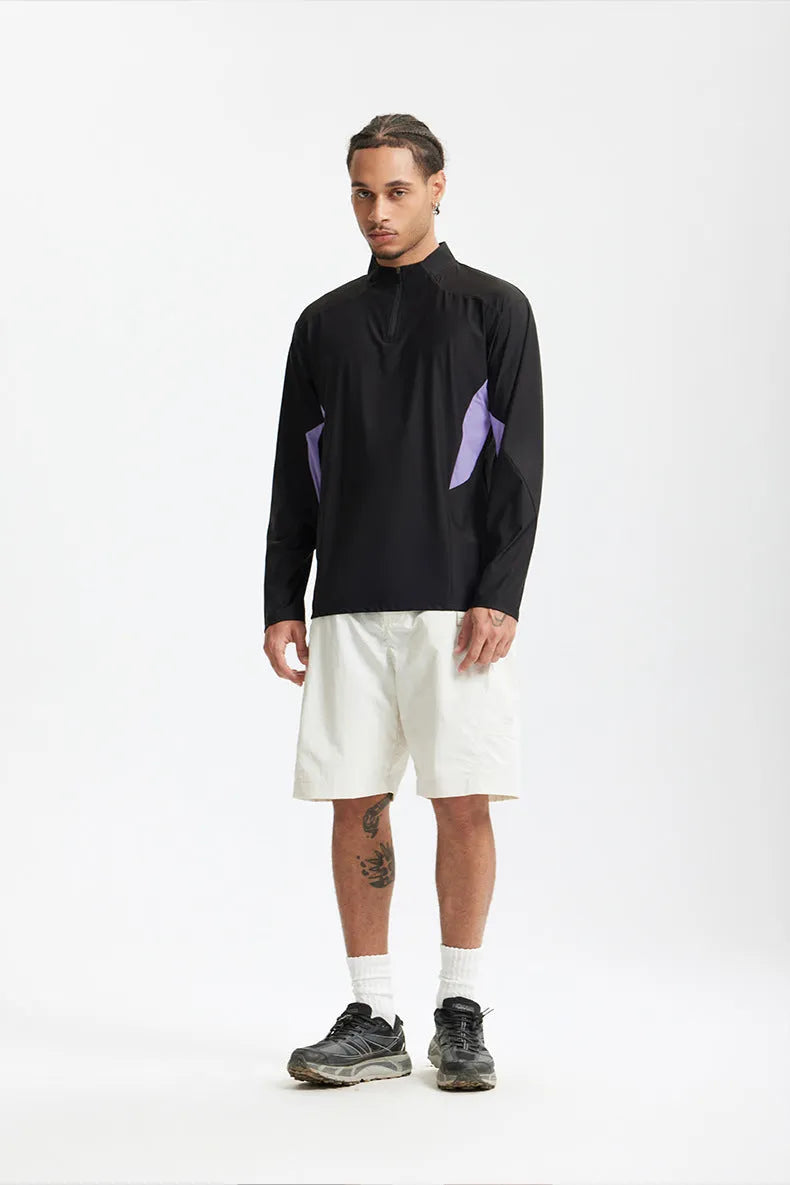 Men's black and beige stitching top with long and short sleeve options in polyester fabric