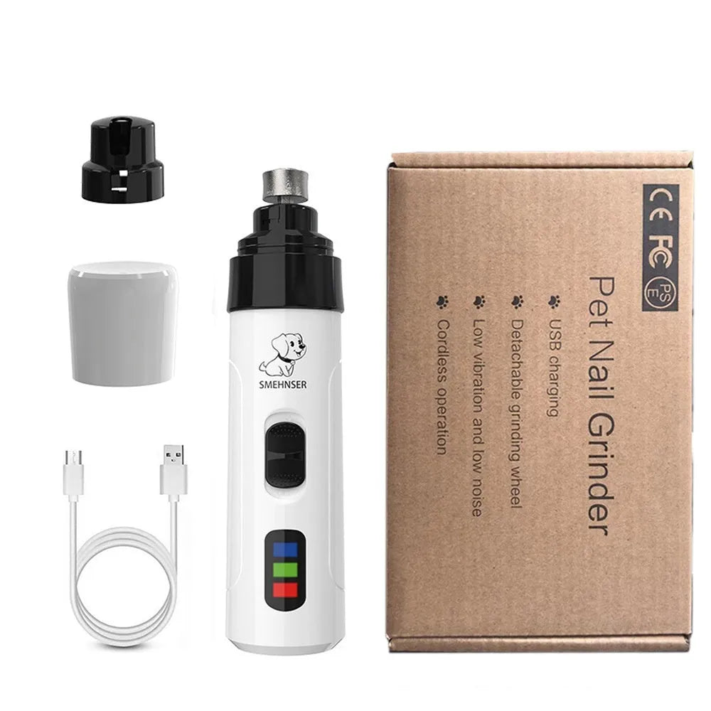 White electric dog nail trimmer with LED display showing speed settings and dust collection compartment