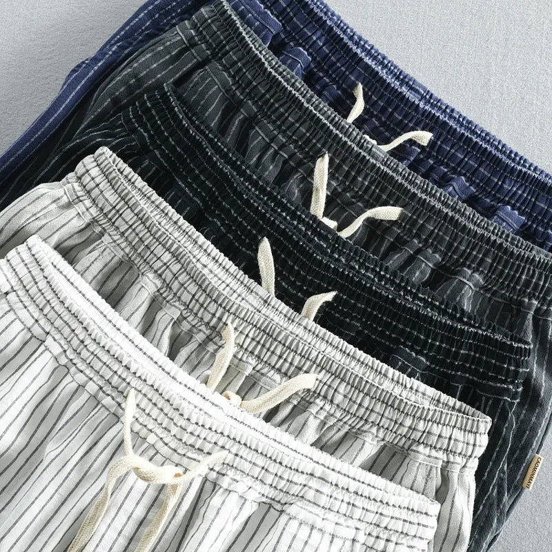 Men's striped cotton casual shorts with elastic mid waist in multiple colour options