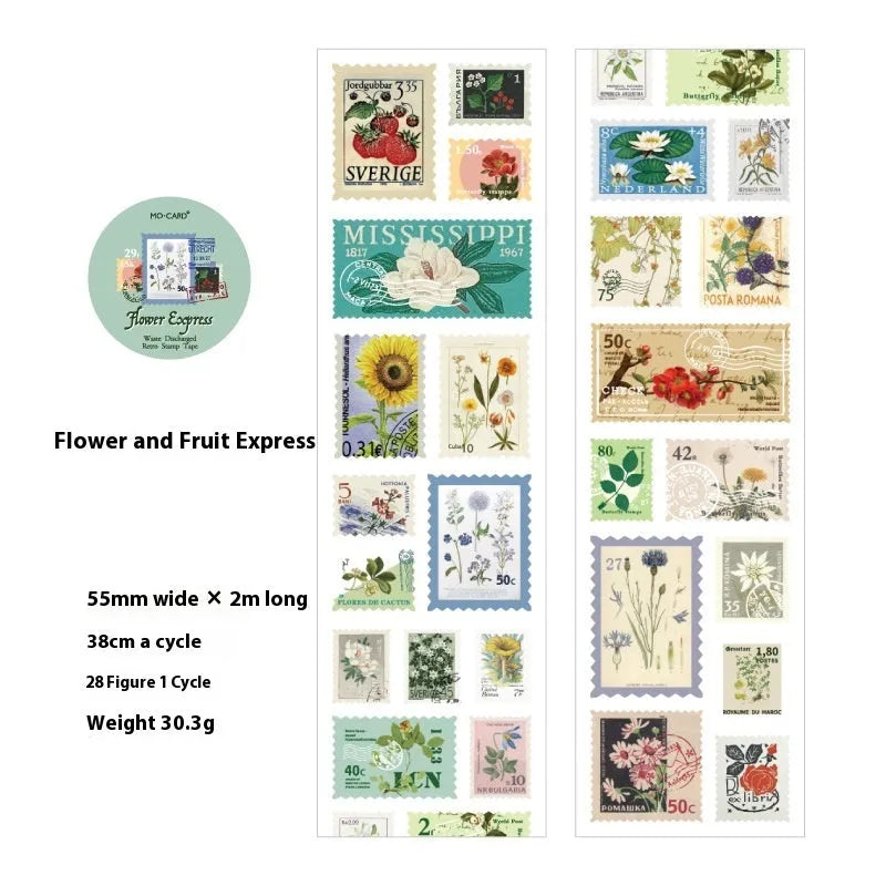 Roll of 55mm wide retro decorative stamp tape for journaling, showing one of four vintage design collections.