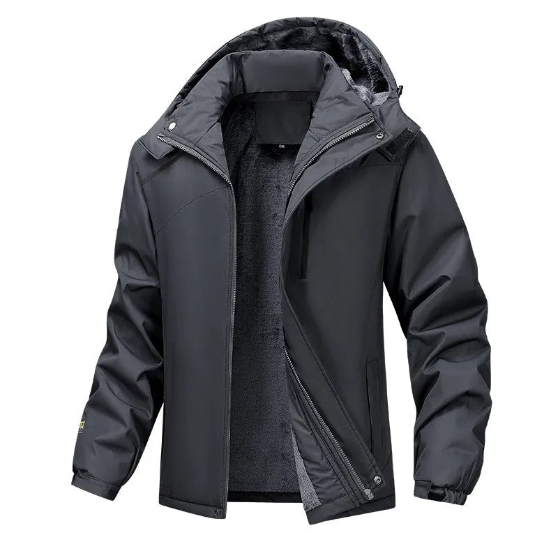 Men's plus size hooded waterproof coat in army green colour showing loose fit design