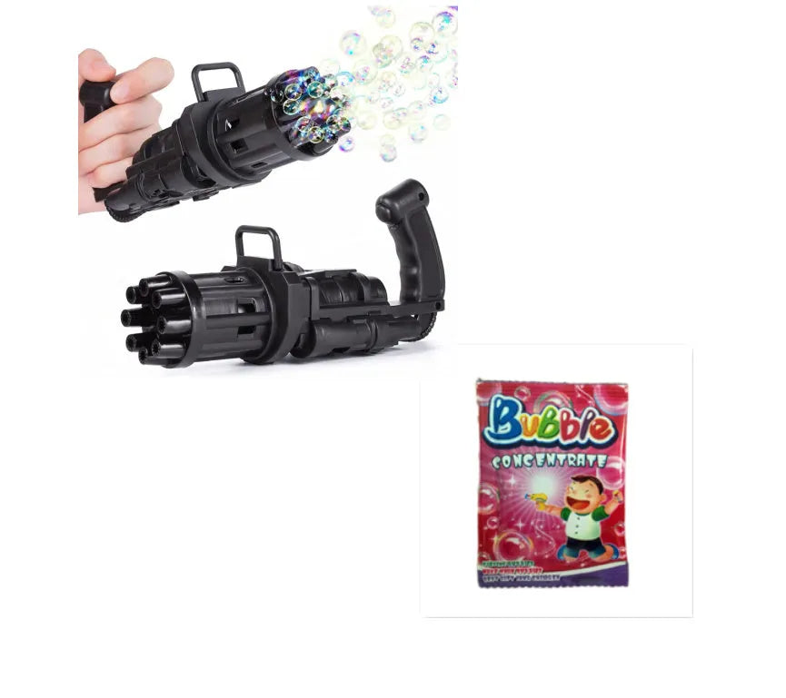 Kids bubble machine gun toy in pink, gold, or black colours with trigger and removable bubblehead.