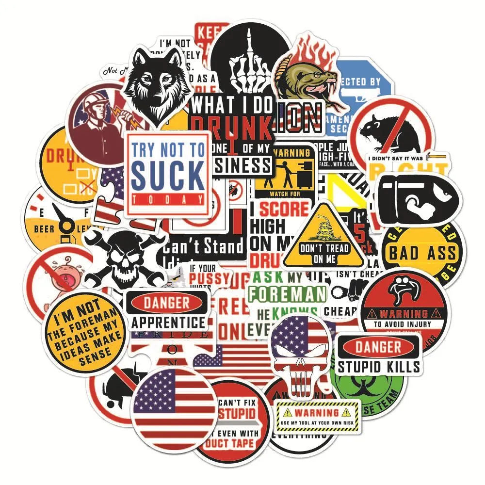 50 waterproof PVC warning slogan stickers for motorcycle and skateboard helmets