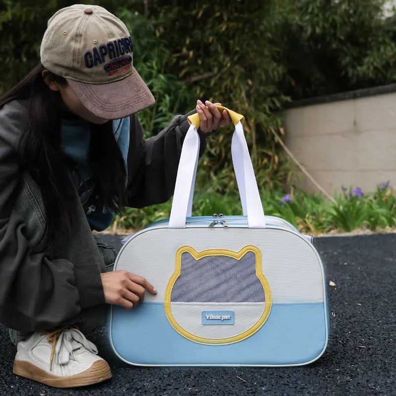 Outdoor portable foldable cat backpack in Oxford cloth with 15 jin capacity shown in blue colour option