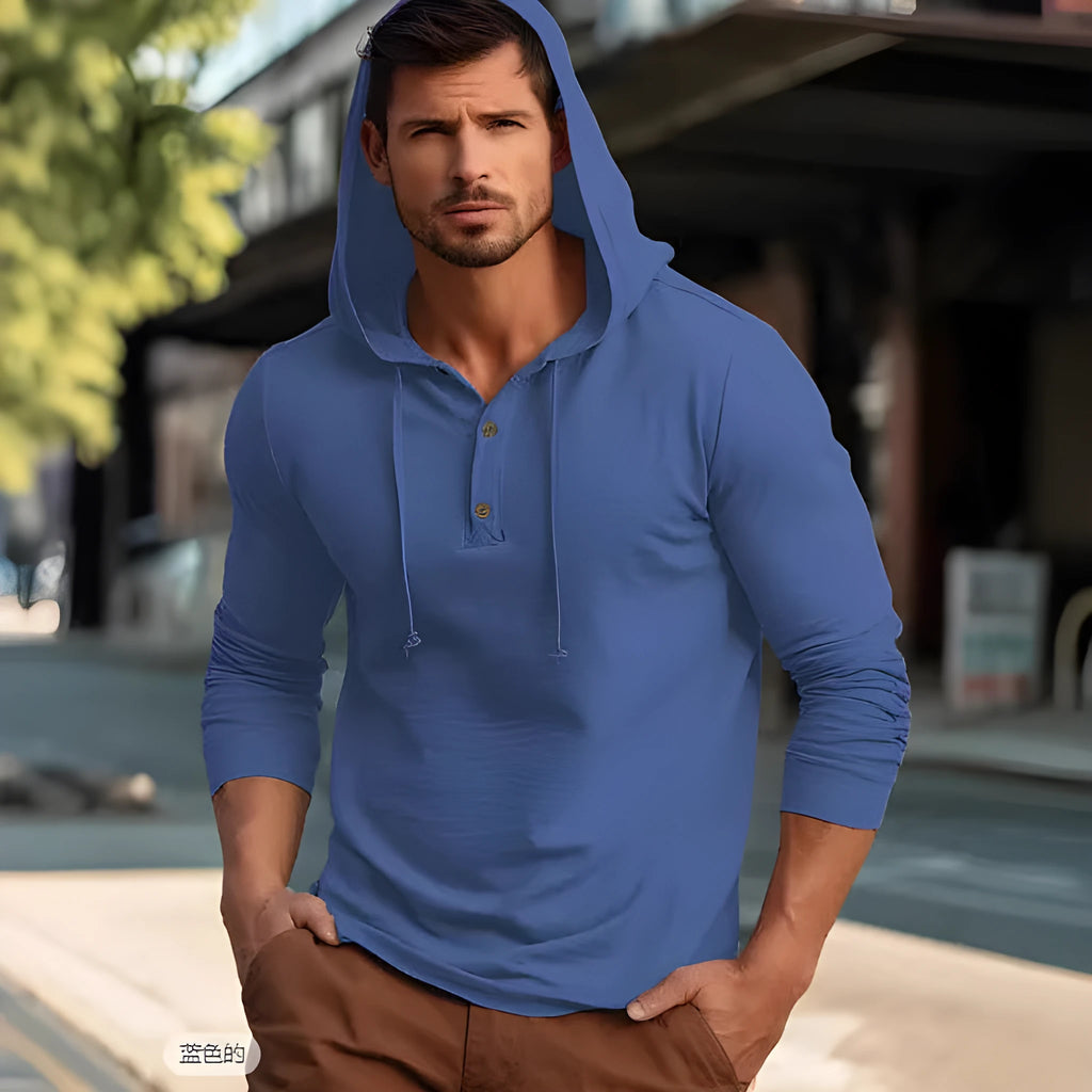 Cotton casual sports hoodie top in dark blue colour with pullover design and long sleeves