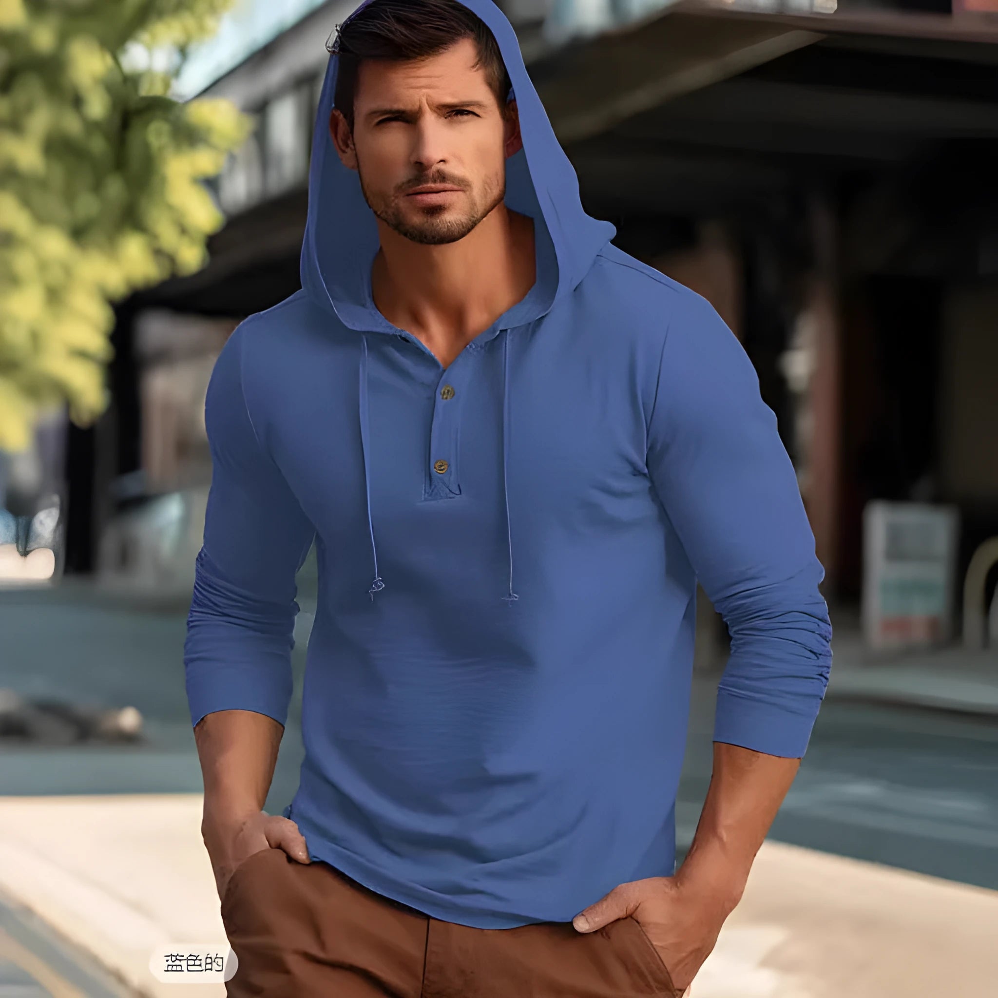Cotton casual sports hoodie top in dark blue colour with pullover design and long sleeves