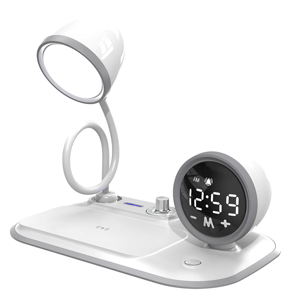 White desk lamp with integrated digital clock display and wireless charging pad surface