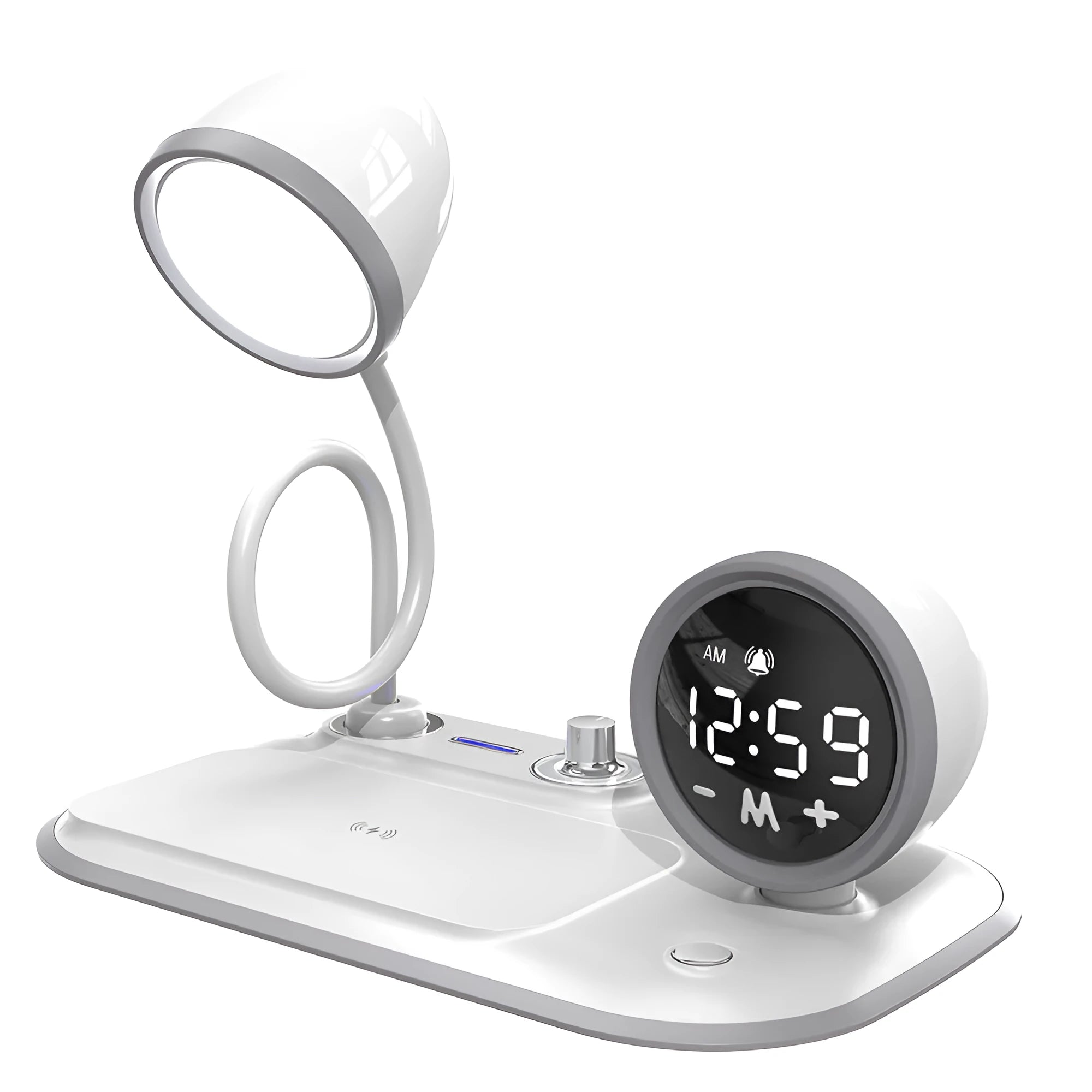 White desk lamp with integrated digital clock display and wireless charging pad surface