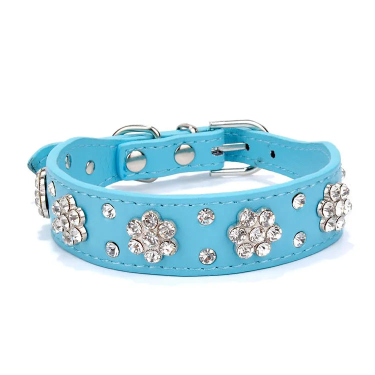 Black PU leather dog collar with rhinestone flower pattern and metal studs for small dogs