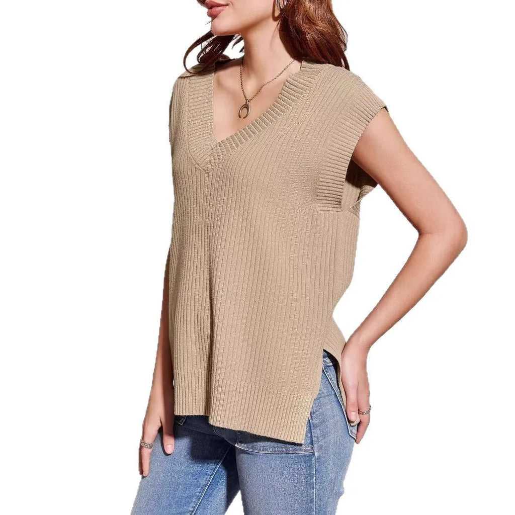 Women's camel and white V-neck sleeveless pullover vest in loose casual fit