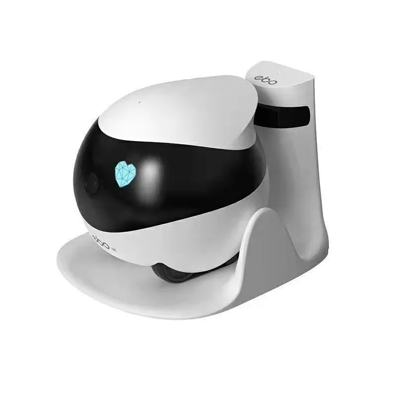 White smart home mobile surveillance robot camera on floor with docking station