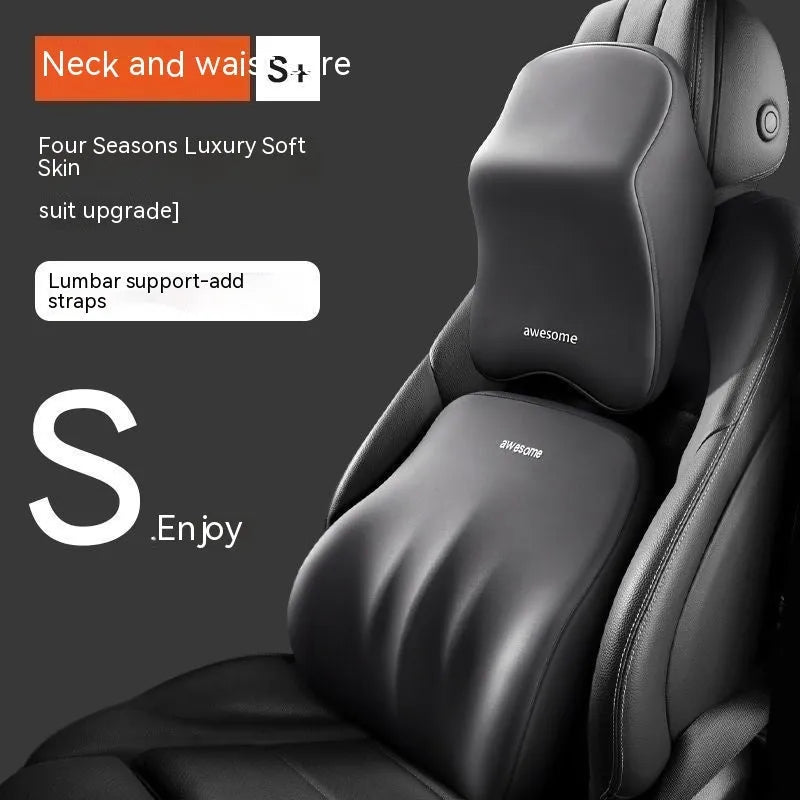 Black memory foam car headrest pillow and lumbar support pillow with removable cotton covers.
