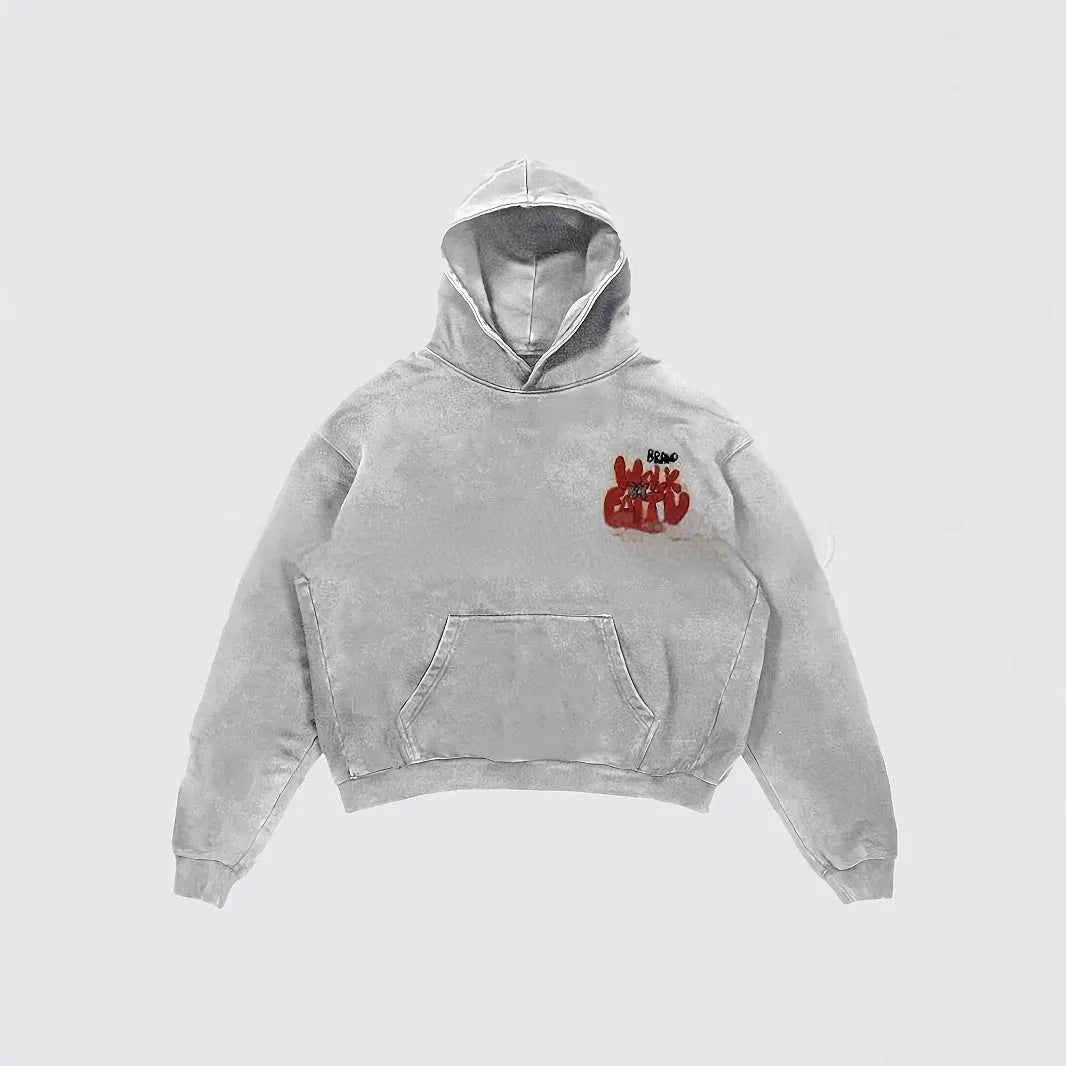 Women's Granny Grey hoodie with vintage Harajuku style letter print and a front pocket.