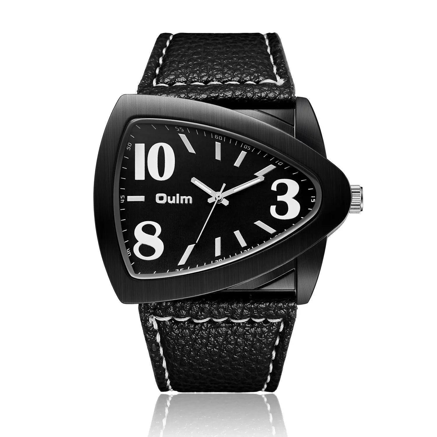 Men's casual triangle belt quartz watch showing brown, black and blue colour options with 9mm thickness