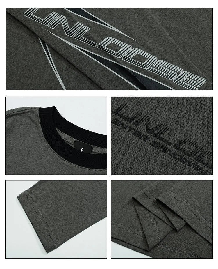 Grey khaki loose fit cotton pullover with drop shoulders and a printed lettered pattern.