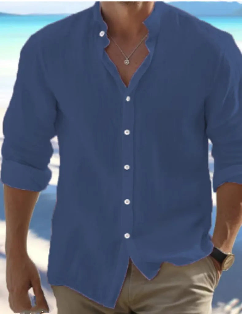 Men's light blue long-staple cotton casual summer shirt with button front and collar on a hanger.