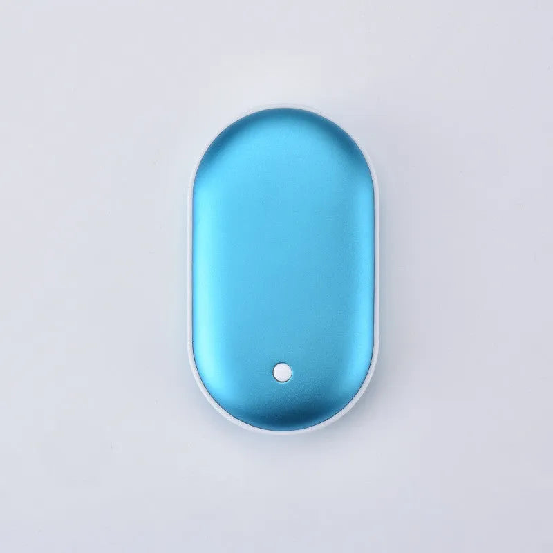 Compact rechargeable hand warmer and power bank with digital display in assorted colours.