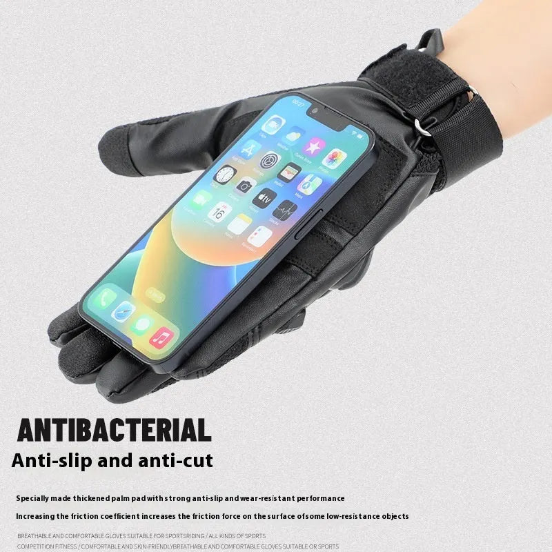 Men's black tactical gloves with full finger design and touch screen compatible fingertips