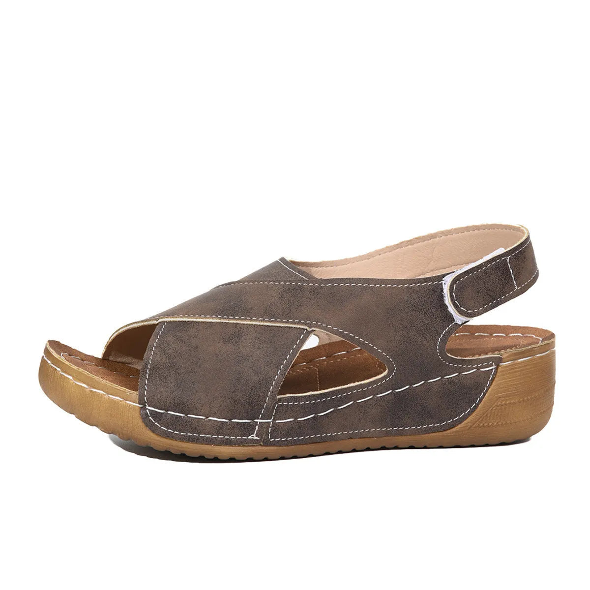 Women's brown Roman platform sandals with Velcro straps and open toe