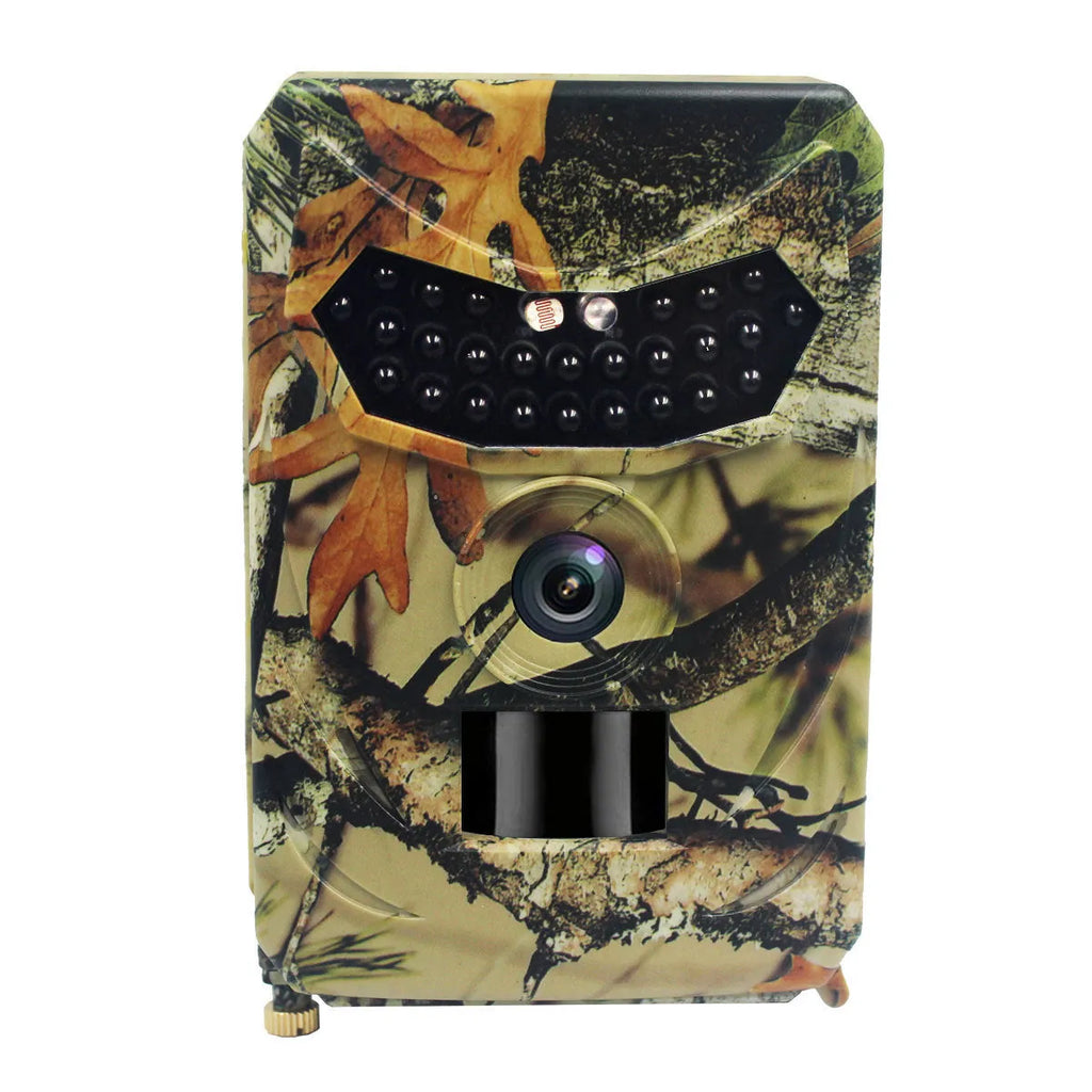Yellow brown coloured plastic hunting game camera with infrared LEDs and lens, shown with its dimensions.