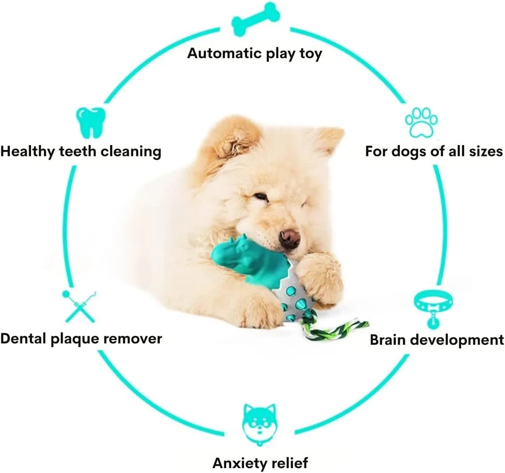 Blue durable rubber dinosaur dog chew toy with rope for aggressive chewers