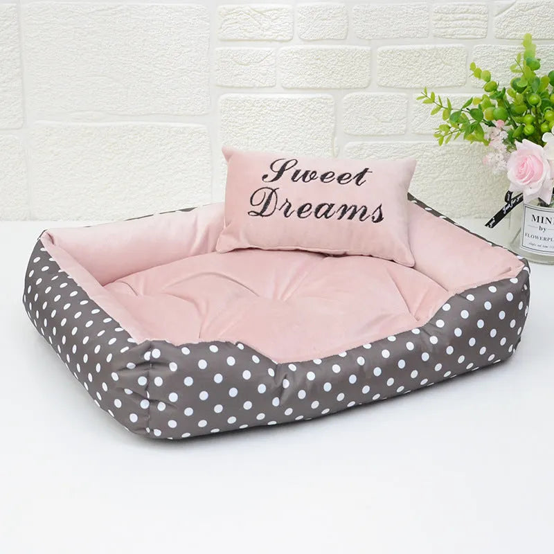 Polka dot print small dog bed with matching square embroidery pillow in grey, blue, pink, or red.