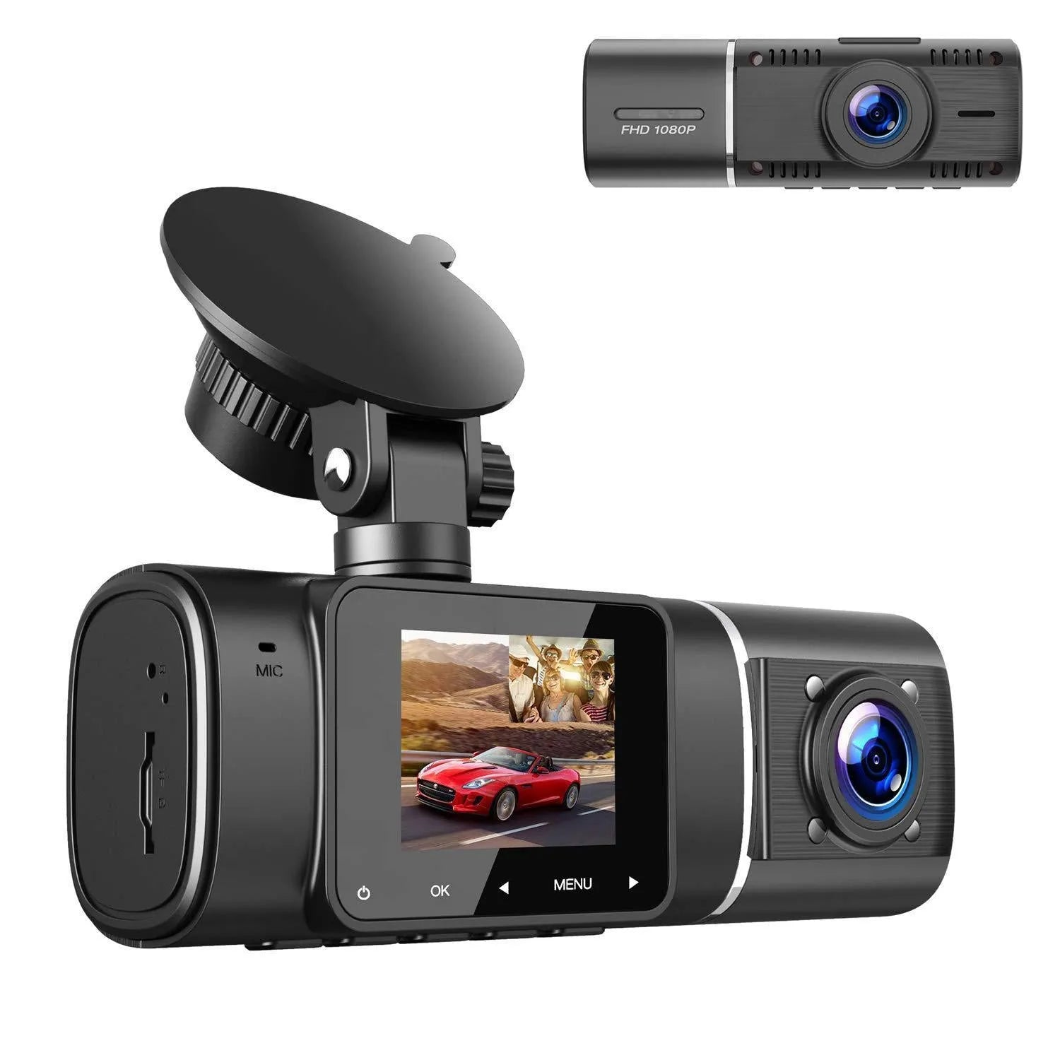 Black dual channel dash cam on a car windscreen with a 1.5-inch screen, showing front and rear camera views.